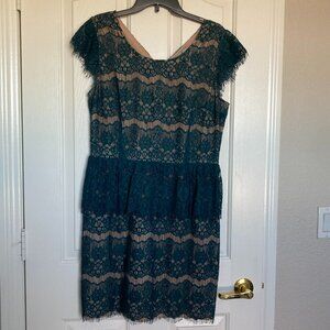 Anthropologie Maeve Elsa Peplum Dress, Teal Lace Overlay, Cap Sleeve Sz. Lg